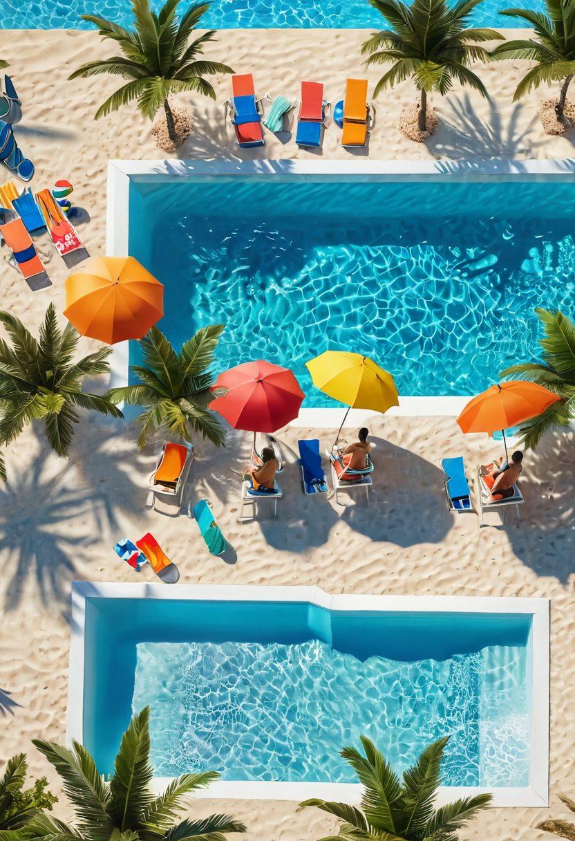 A vibrant scene showcasing a split view of a beach and a pool, with stylish swimwear trends displayed on mannequins and models. Include sunbathers enjoying the beach on one side and families splashing in a colorful pool on the other. Add tropical palm trees and bright umbrellas to enhance the atmosphere. super-realistic. vibrant colors. 3D.